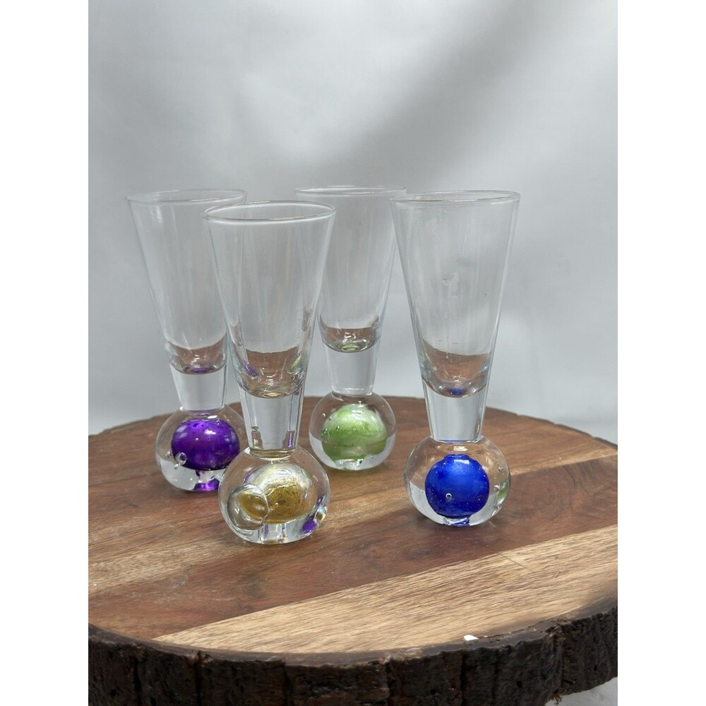 Sommerso Set Of 4 Shot Glass Bubble Ball Bottom Base Bar Ware Unique
